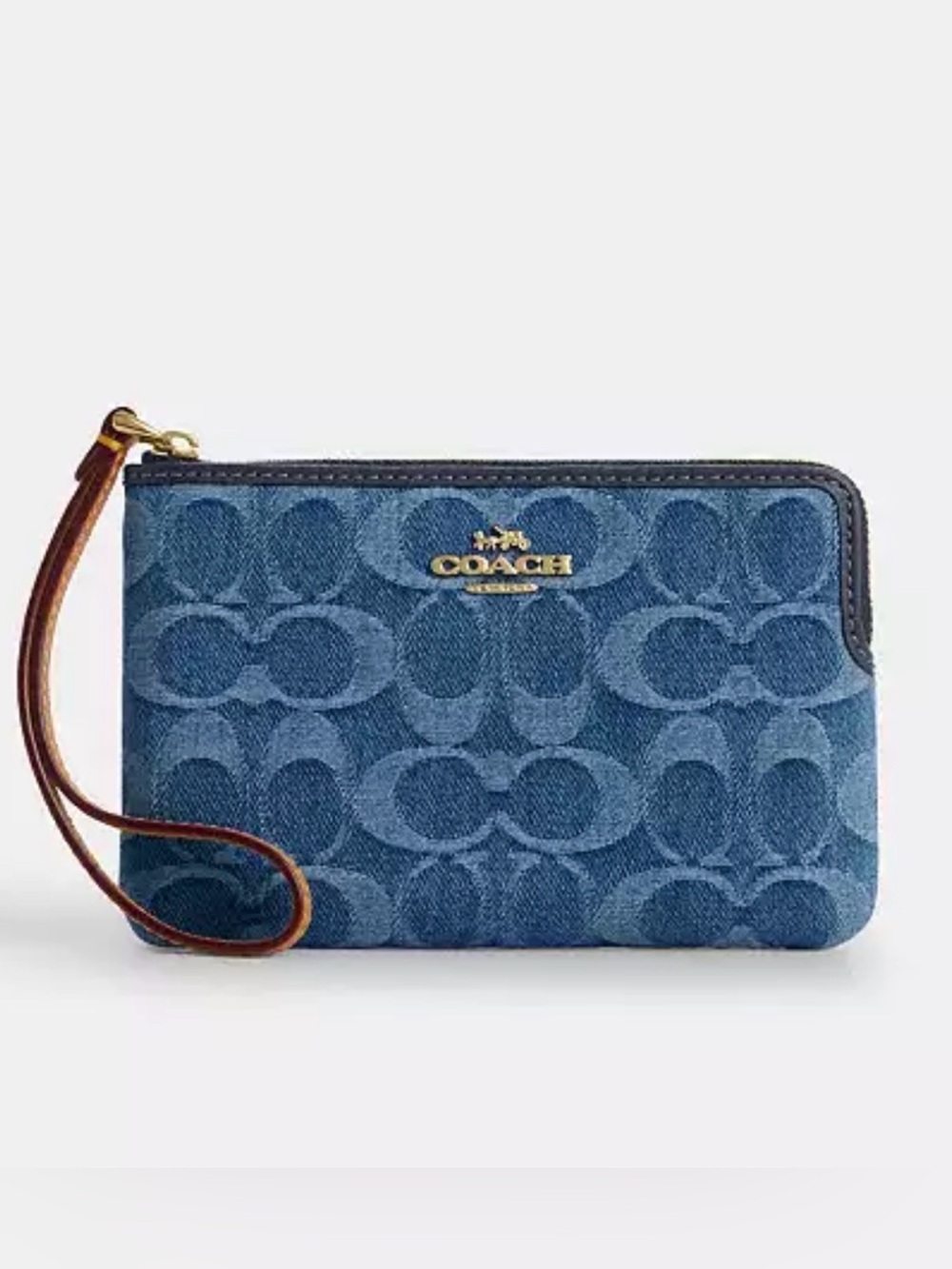 Coach Blue Signature Denim Wristlet with Leather Strap